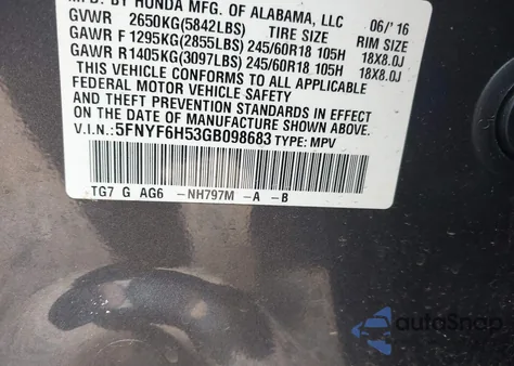 2016 Honda Pilot Exl from USA, damaged, VIN 5FNYF6H53GB098683